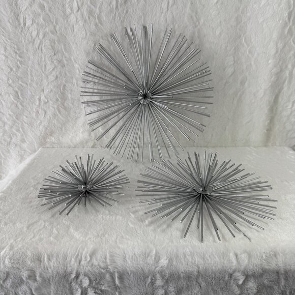 Set Of 3 Silver Sea Urchin Decor Metal Spike Sculptures Wall Burst MCM Style - Picture 1 of 5